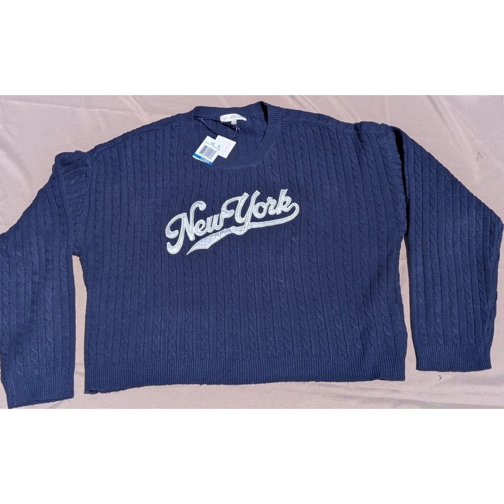 Ultra Flirt Sweater Women's XL Navy Blue Embroidered New York Cropped NWT
